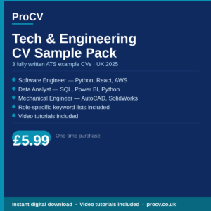 Tech & Engineering CV Sample Pack UK 2025 — 3 ATS Example CVs + Video Tutorials