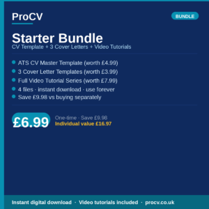ProCV Starter Bundle — ATS CV Template + 3 Cover Letters + Video Tutorials | Save £5.98